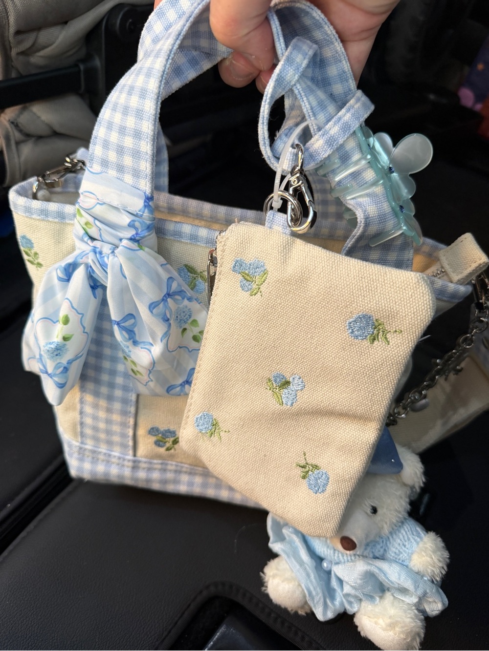 Madden Girl Mini Tote embroidered with keychain, charms and coin purse